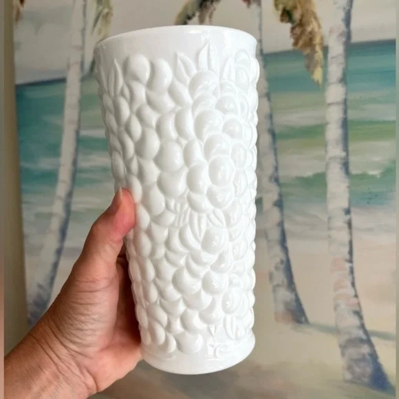 Vintage Textured Fruit Pattern Milk Glass Vase - Picture 2 of 14